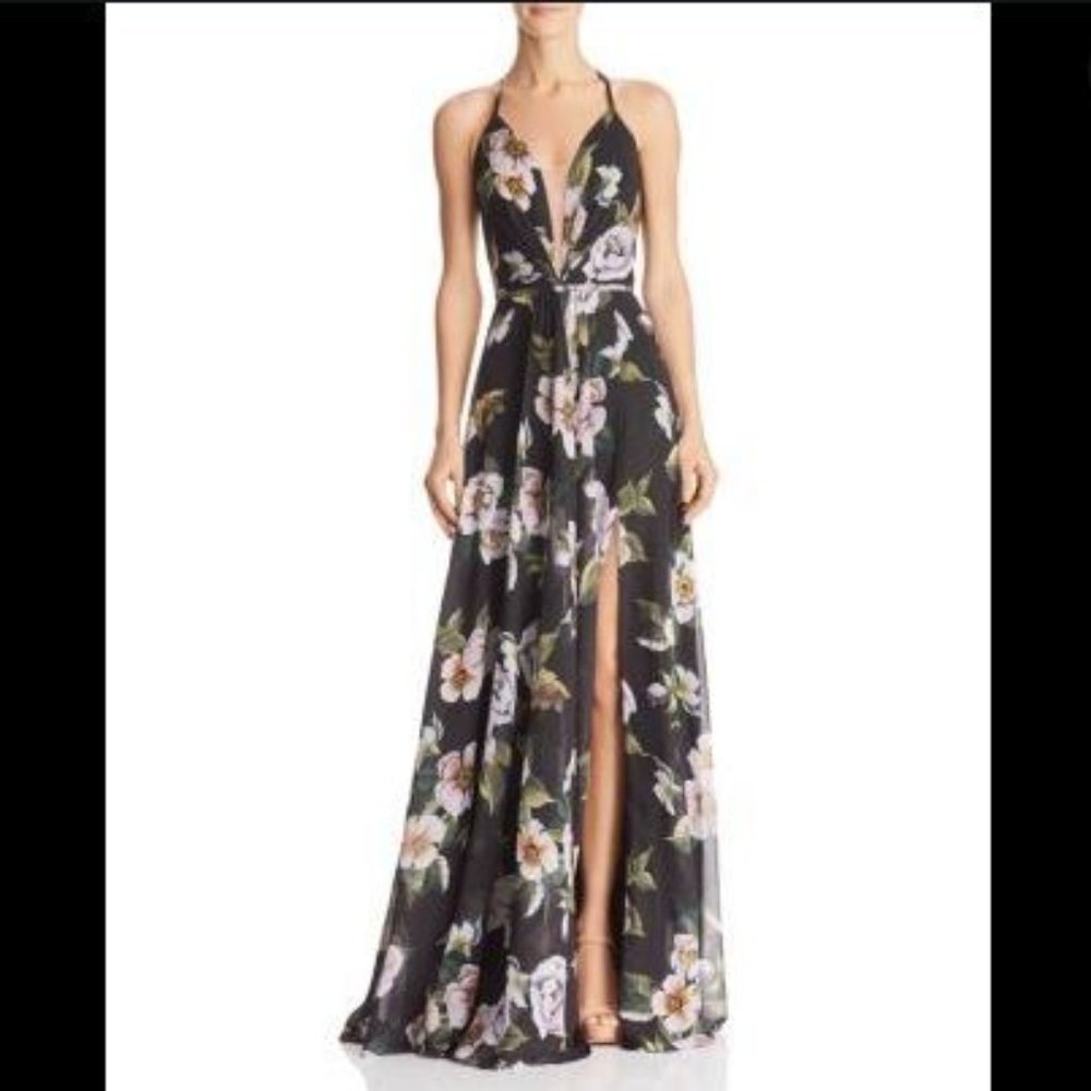 SUMMER SALE FAVIANA  I  Black Floral V-Neck Maxi with Lace Up back - ADJUSTABLE